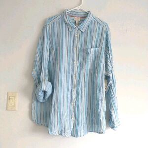 St Johns Bay Tunic Blouse Shirt Womens 3X Blue Striped Cotton Gauzy Roll Tab New